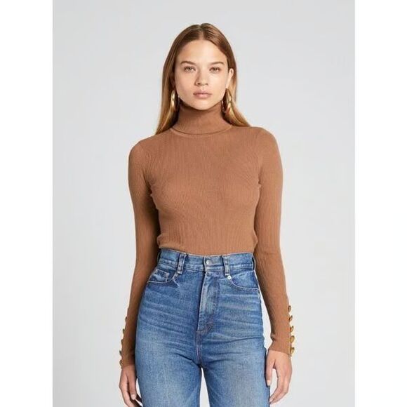 A.L.C Desi Wool Turtleneck Sweater Camel Sz L Button Sleeve Classic Professional - Picture 1 of 10
